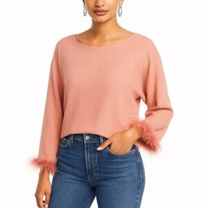 Sioni Sweater Boatneck Dolman Sleeves Curved Hem Feather Cuff Pink Size Medium